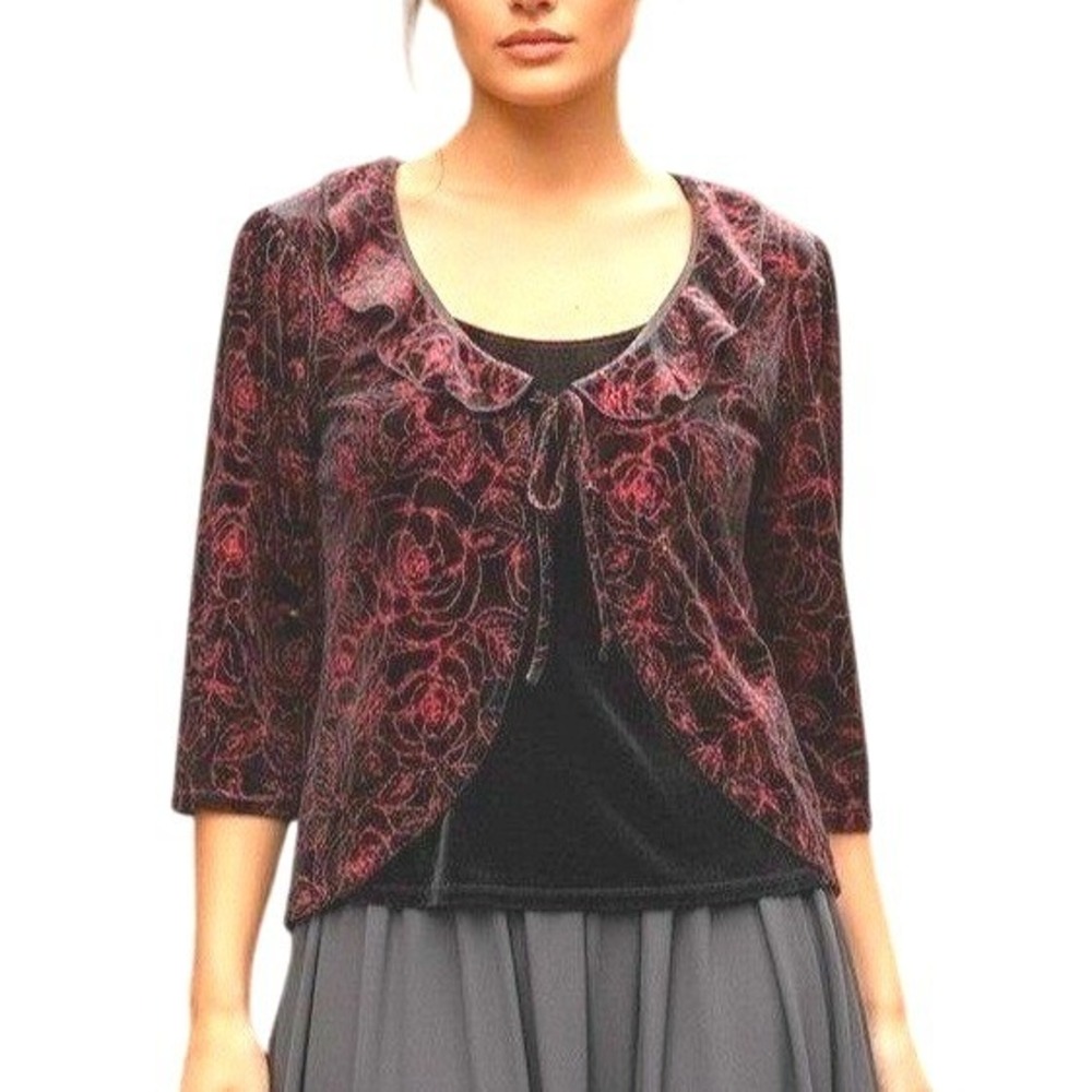 Velvet Rose‎ Top Womens Black Red Glitter Floral Ruffle Whimsigoth Witchy Dark